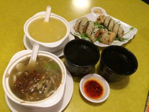 Corn soup, Vege shark fin soup, and sesame seaweed roll at Utopia in Northbridge