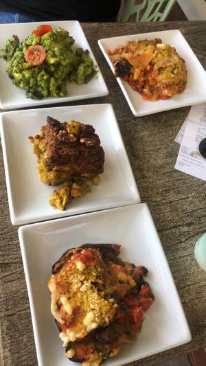 Top right : lasagnas, pesto pasta, chickpea curry crumble, and eggplant  at Manna Wholefoods Cafe in South Fremantle