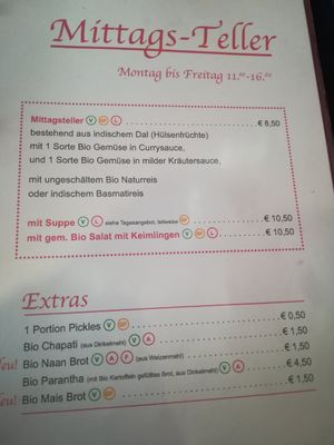 Daily menu (German) V=vegan at Bio Bistro Spicy Spices in Salzburg