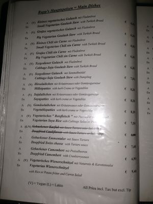 english menu page 3 of 5 at Rupp's Vegetarisches Pub   in Vienna