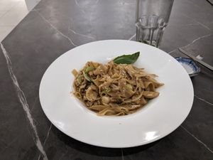 Crema de Funghi with rice noodles at Vegetasia in Vienna