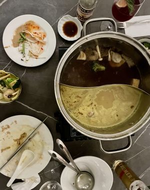 The divided hot pot everyone gets   at Vegetasia in Vienna