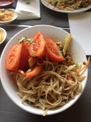 First plate - noodles (with great kind of creamy sauce), some veggies and under all of this is tofu, more veggies and potatoes.  at Vegetasia in Vienna