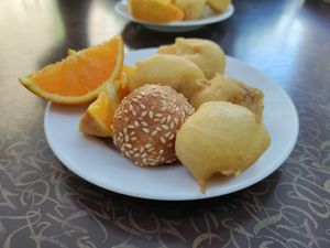 Fried banana and sesame red bean ball for set lunch dessert at Xu's Cooking in Vienna