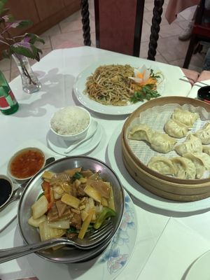 spaghetti di soia con verdure, ravioli al vapore, riso bianco e salse per accompagnare una padella bollente di tofu, bamboo e verdure buonissima!   at Xu's Cooking in Vienna