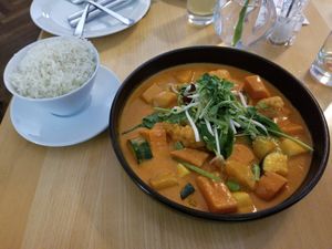 Red Thai Curry (mostly vegetables, some tofu), white rice at Hollerei in Vienna