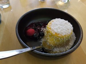 Vegan Panna Cotta (coconut based) with fresh berries and coconut flakes at Hollerei in Vienna