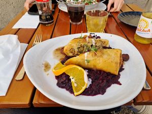 Seitan roulade with red cabbage cooked with Apple - vegan at Hollerei in Vienna
