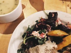 Cauliflower soup, beetroot & goat cheese and some delicious veggies of which I forgot the name.
 at Dolma in Brussels