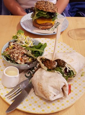 Falafel wrap with seasonal salad and Greenway Burger at Greenway in Ghent
