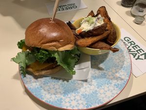 Greenway burger and sweet potato wedges  at Greenway in Ghent