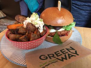 Possibly one of the best vegan burgers we’ve tried and the sweet potato wedges and sauce were amazing! at Greenway in Ghent