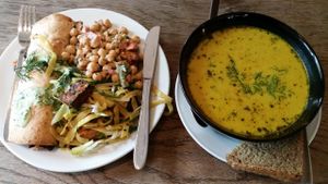 tortilla  with 2 portion salad and coconut carrot and ginger soup with bread at Morgenstedet in Copenhagen