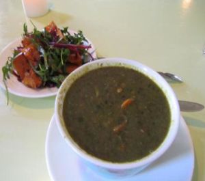 spinach-lentil soup and pumpkin salad at Morgenstedet in Copenhagen