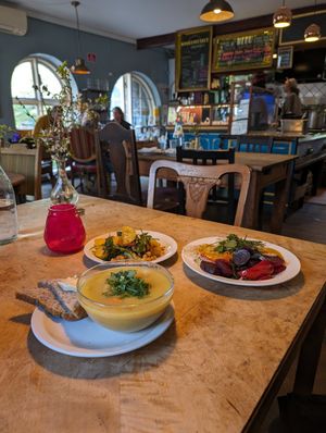 soup, potato salad and rice dish at Morgenstedet in Copenhagen