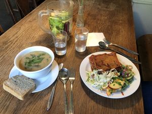 Cauliflower soup and lasagna both vegan  at Morgenstedet in Copenhagen