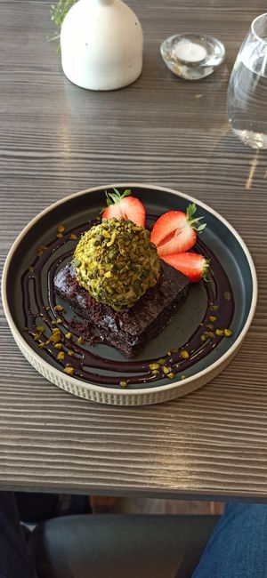 Brownie with Pistachio Ice Cream at Food For Friends in Brighton