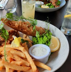 Vegan fish (banana blossom) and chips at Food For Friends in Brighton