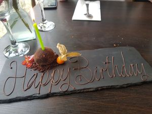 Too full for dessert but staff new we were celebrating a birthday so this arrived at our table. at Food For Friends in Brighton