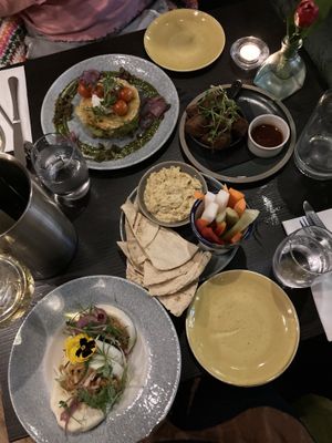 Bao buns, crudités and yummy dip, frittata, tofu  at Food For Friends in Brighton