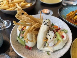 Bao buns and chips  at Food For Friends in Brighton