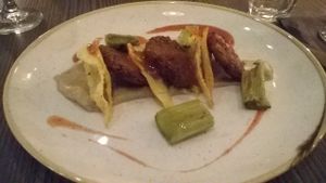 VEGAN Jerusalem artichoke fritters with caramelised turnip gyoza at Food For Friends in Brighton