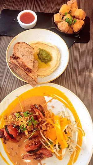 Crispy Tofu, Hummus, Tempeh Skewers.  at Food For Friends in Brighton