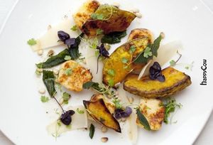 Gnocchi Romana with roast pumpkin, sage pinenut butter, dressed rocket and 'parmesan' (n) at Food For Friends in Brighton