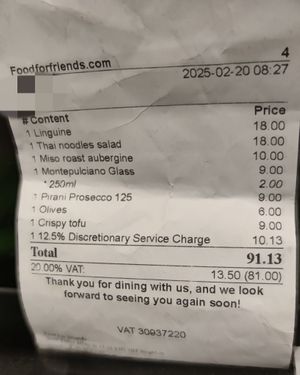 Final bill at Food For Friends in Brighton