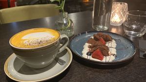 Turmeric latte & dark chocolate truffles  at Food For Friends in Brighton