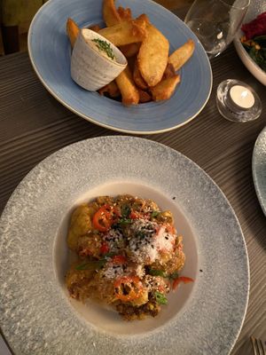 Crispy Thai cauliflower + Chips with vegan mayo at Food For Friends in Brighton