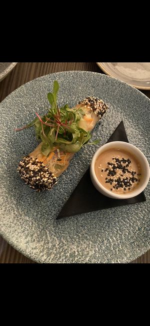 Fresh summer roll with peanut sauce  at Food For Friends in Brighton