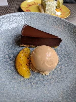 Chocolate orange delice with salted caramel ice cream (vegan) at Food For Friends in Brighton