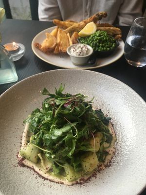 Gnocchi and banana leaf battered “fish” & chips  at Food For Friends in Brighton