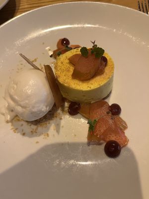 Saffron and vanilla set custard with rhubarb compote  at Terre a Terre in Brighton