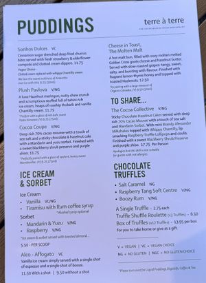 Dessert menu  at Terre a Terre in Brighton