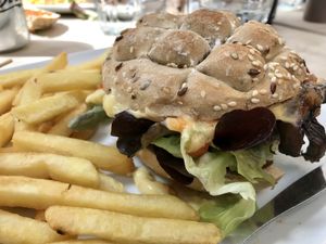 Amazeballs mushroom burger with mouthwatering chips (fries) at Wai Kika Moo Kau in Brighton