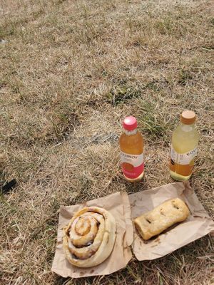Vegan Chelsea bun and sausage roll with kombuchas. at Infinity Foods in Brighton