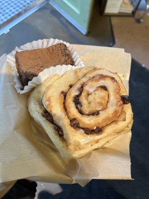 Vegan brownie and Chelsea bun - huge!  at Infinity Foods in Brighton