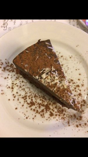 vegan dark and white chocolate cake  at Rainbow Vegetarian Cafe in Cambridge