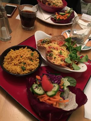Tortilla bowl and vegan cheese!  at Rainbow Vegetarian Cafe in Cambridge