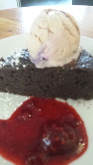 Chocolate Brownie and vegan icecream at The Warehouse Cafe in Birmingham