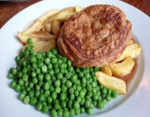 warehouse cafe special: leek pie served with garden peas and chips at The Warehouse Cafe in Birmingham