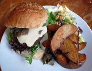 organic vegan burger special with garlic and mushrooms at The Warehouse Cafe in Birmingham