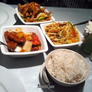 Crispy chilli 'beef' - sweet & sour 'chicken' - singapore noodles - steamed rice at Veggie World in Milton Keynes