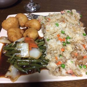 Delicious fine green beans, sweet & sour chick balls with mixed rice   at Veggie World in Milton Keynes