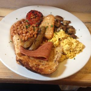 Vegan breakfast with scrambled tofu, sausage and bacon. at Alley Cafe Bar in Nottingham