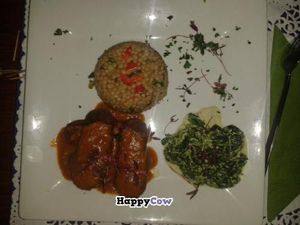 My friend's tasty vegan dish with tempeh. She loved it! at Aubergine Cuisine in Nottingham