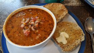 Black bean soup and bread (vegan) at The Magic Cafe in Oxford