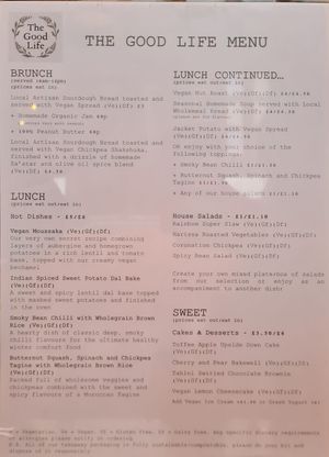 Menu at The Good Life Wholefood Restaurant in Shrewsbury